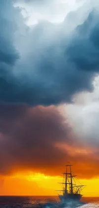 This phone live wallpaper is a vertical image of a boat sailing on a body of water under a cloudy sky at sunset