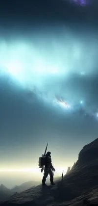 This fantasy-inspired live wallpaper for your phone displays an awe-inspiring image of a lone figure standing atop a towering mountain, surveying an ominous cloudy skyline