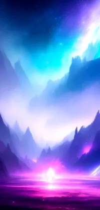 This phone wallpaper has a stunning purple and blue fantasy sky with mountains in the background
