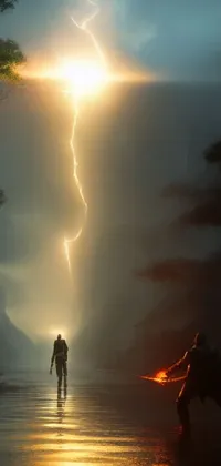 This stunning phone live wallpaper features a fierce sith lord standing before a lightning bolt in an epic fantasy valley