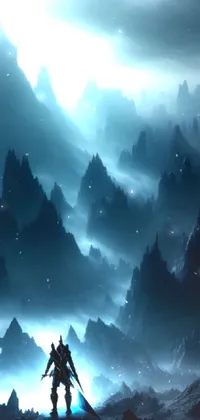 This phone live wallpaper showcases a heroic figure standing atop a mountain holding a sword, enveloped in a mysterious fog adorned with intricate symbols and runes
