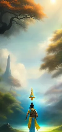 This live wallpaper for phones features a digital painting of a serene fantasy landscape