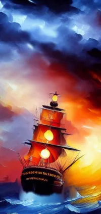 This live wallpaper features digital artwork of a ship sailing in a beautiful ocean at sunset