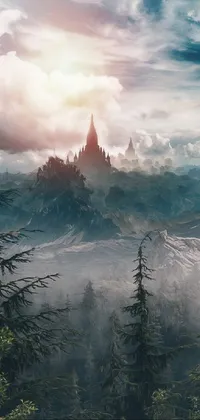 This live wallpaper depicts a picturesque mountain landscape with a matte painting style
