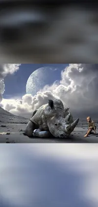 Get lost in a mesmerizing scene with this phone live wallpaper featuring a surreal woman and majestic rhino