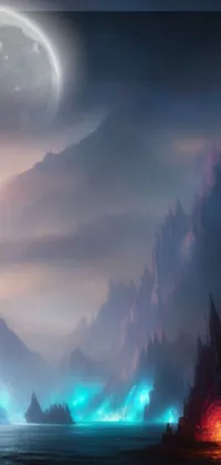 This live phone wallpaper features a stunning fantasy landscape