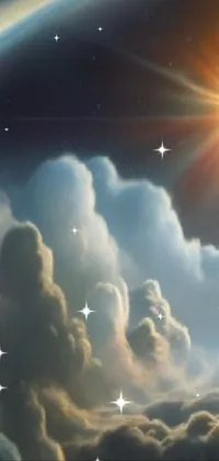 This stunning live wallpaper is a beautiful painting of the sun shining above a fluffy white cloud cover, featuring god rays piercing through the clouds