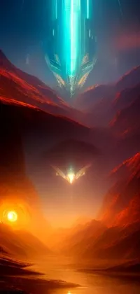 This stunning phone live wallpaper features a digital painting of a sleek and futuristic spaceship soaring over a rugged mountain landscape