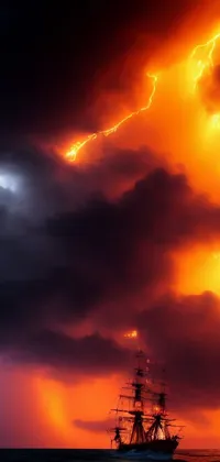 This phone wallpaper features a ship sailing in a stormy ocean with lightning in the background