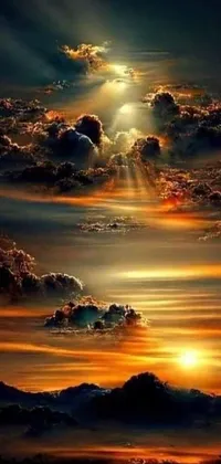 This phone live wallpaper showcases an enchanting scene of the sun shining through the clouds, with warm hues of gold, orange, and yellow illuminating the sky