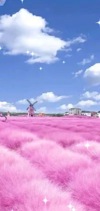 This phone live wallpaper showcases a stunning scene of a person flying a kite in a field of pink grass
