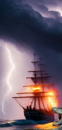 This live wallpaper showcases a breathtaking body of water with a sailing ship in the background, accompanied by a high-energy dragon attack