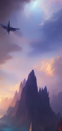 This phone live wallpaper displays a beautiful sunset scene, with a plane flying over a mountain range