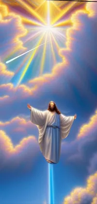 This phone live wallpaper depicts a mesmerizing airbrush painting of Jesus soaring through the sky on his ascension to the heavens