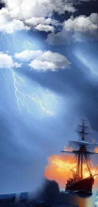 This stunning live wallpaper depicts a ship braving stormy oceans amidst flashes of lightning