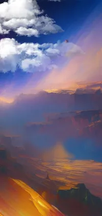 This mesmerizing phone live wallpaper features a digital painting of colorful planets in the sky, floating above a rugged canyon and an alien landscape