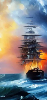 This stunning live phone wallpaper displays a magnificent ship sailing through rough ocean waves while engulfed by a fiery sky