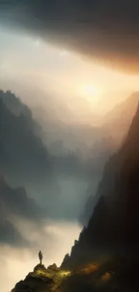 This new phone live wallpaper showcases a magnificent matte painting of a lone figure standing atop a stunning mountain peak