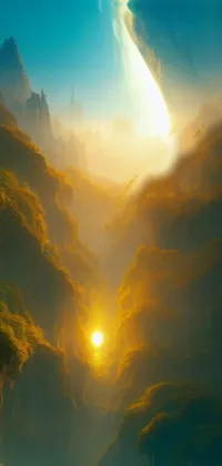 This live phone wallpaper depicts a stunning sunset over a mountainous landscape