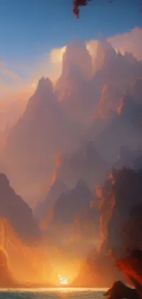 This stunning live wallpaper is a high-quality depiction of a fantasy sunset over water in a mountain gorge