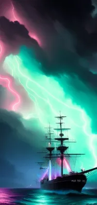 This live phone wallpaper features an awe-inspiring scene of a glowing green pirate ship in the center of turbulent waters