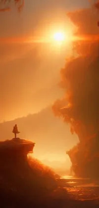 This live phone wallpaper showcases a stunning sunset scene with a person standing atop a cliff