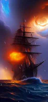 This live wallpaper depicts a pirate ship on the high seas, complete with billowing sails and a crew hard at work