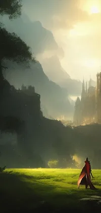 This dynamic phone live wallpaper displays a captivating and enchanting scene of a lone mage standing in a lush and rolling field