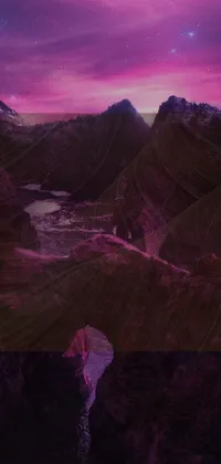 This lively and vibrant live wallpaper offers a beautiful view of a purple sky and river that flows through a valley, perfect for any modern phone display