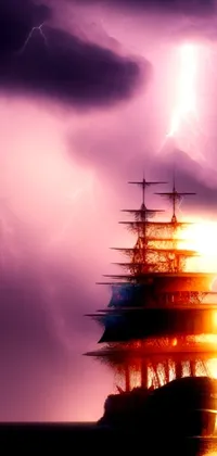 This phone live wallpaper features the breathtaking image of a ship sailing through the water with lightning in the background