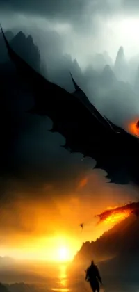 Discover an epic phone live wallpaper! Mountain, dragon, flames – this dark and mystical high quality fantasy stock photo is inspired by a famous artist's work and will look stunning on your iPhone