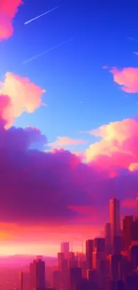 Looking for a stunning live wallpaper for your phone? Check out this breathtaking painting of a sunset over a city! The concept art features digital art with fluffy pink anime clouds and watercolour style brushstrokes