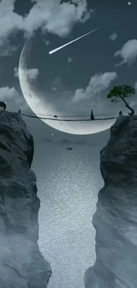 This live wallpaper showcases a serene and surreal scene of two people strolling across a bridge hovering over a shimmering river, with a backdrop of a mountainous terrain and moon landscape