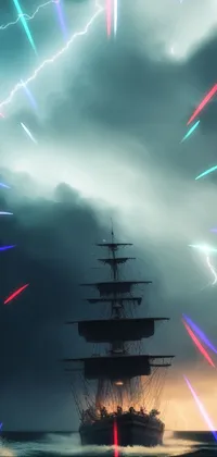 This live phone wallpaper depicts a stunning tall ship cutting through a body of water under a cloudy sky