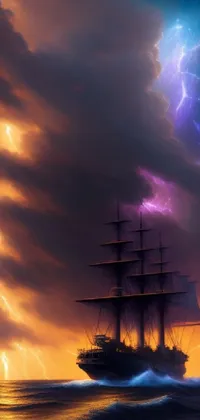 This phone live wallpaper features a three-masted ship sailing in stormy ocean waters with lightning illuminating the sky