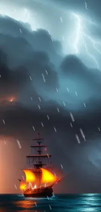 This live phone wallpaper depicts a galleon ship sailing through calm waters at sunset