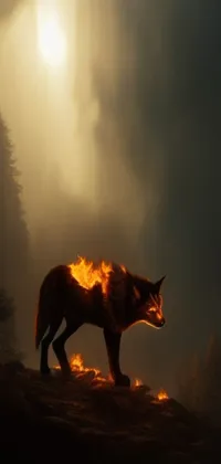 This live wallpaper for your phone features a stunning digital art image of a wolf standing majestically on a hill under a cloudy sky