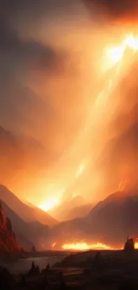 This live phone wallpaper showcases a breathtaking sunset over majestic mountains