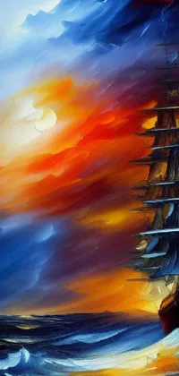 Enhance your phone's aesthetic with this mesmerizing live wallpaper of an oil painting depicting a ship navigating through the vastness of the ocean