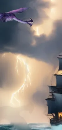 Get lost in the magical world of a purple dragon as it flies above a pirate ship sailing through the wild ocean, surrounded by a thunderstorm in this phone live wallpaper