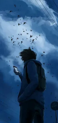 This phone live wallpaper depicts a figure with backpack staring at a smartphone against a blue sky with flying birds