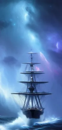 This live wallpaper features a beautiful ship at sea, surrounded by a stunning lighting storm