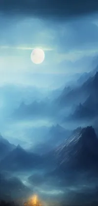 This live phone wallpaper depicts a highly detailed fantasy landscape with mountains, valleys, and fog