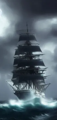 This captivating live wallpaper for your phone shows an impressive tall ship navigating on dark and foggy waters, inspired by romanticism and piracy themes