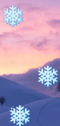 This picturesque live wallpaper for mobile showcases a serene winter landscape with soft snowflakes resting atop a snow-covered hill
