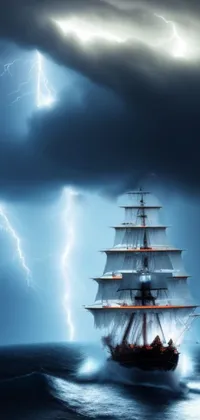 This live wallpaper depicts a sailing ship in a turbulent ocean during a violent storm
