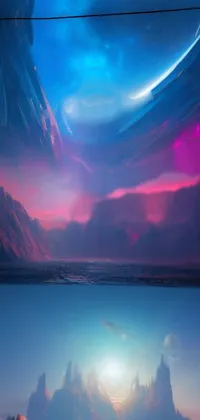 Looking for a stunning live wallpaper for your phone? Look no further than this nature-inspired design! Featuring two breathtaking images of a majestic mountain range and a stunning sunset painting, this wallpaper is created with a cinematic aesthetic that will transport you into another world