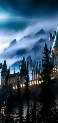 This live wallpaper showcases a striking castle atop a mountain at night with a full moon