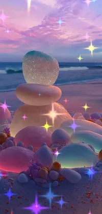 Transform your phone into a tranquil oasis with this stunning live wallpaper! Featuring a picturesque beach setting and a vibrant pile of rocks, this digital artwork will transport you to a peaceful paradise