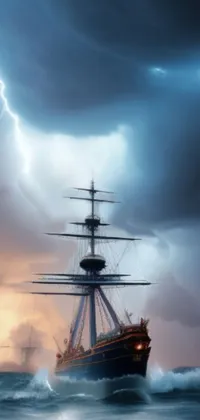 This phone live wallpaper showcases a magnificent galleon atop a peaceful water body, amidst a thunderous storm